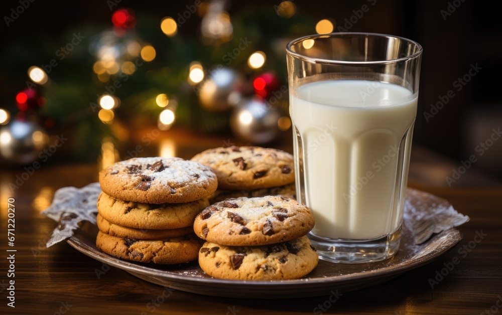 A glass of the milk and cookies for Santa Claus near the fireplace A glass of the milk and cookies for Santa Claus near the fireplace