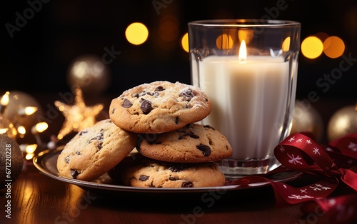 A glass of the milk and cookies for Santa Claus near the fireplace