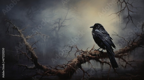 Carrion crow on an old tree, dramatic night background. Generation AI