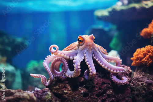 A pet octopus in an aquarium, focus on the tentacles and colors