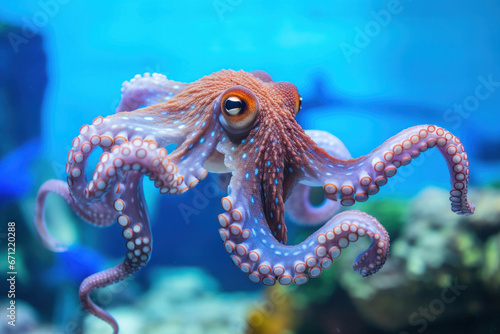 A pet octopus in an aquarium  focus on the tentacles and colors