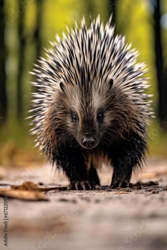 A porcupine walking, focus on the quills, vertical photo