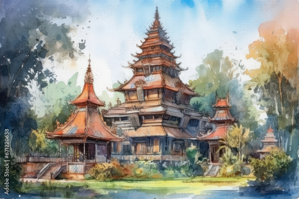 Watercolor drawing of Buddhist temple in Thailand. Generative AI.