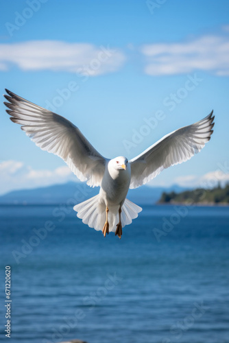A seagull flying, focus on the wing span. Vertical photo