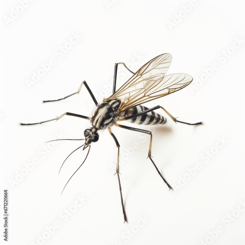 A full-body perspective of a mosquito on a plain white surface.