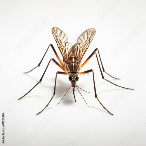 Mosquito seen in its entirety against a white background.