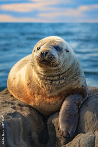 A seal sunbathing on a rock, focus on the fur and posture. Vertical photo