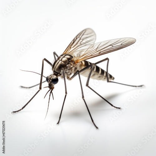 Complete view of a mosquito's entire body against a white backdrop.