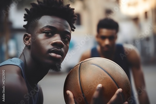 Two young african american basketball players looking at camera while standing outdoors. generative AI. © Artistic Avenue