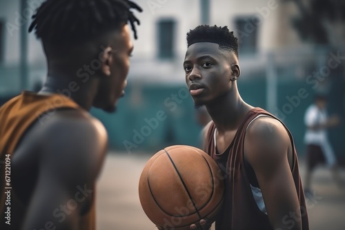 Two african american men playing basketball on the street in the city. generative AI.