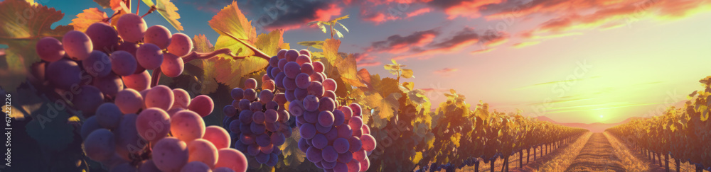 Vineyards at sunset, bunches of ripe grapes, a banner. In concept of Earth hour. - obrazy, fototapety, plakaty 