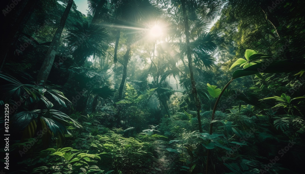A tropical rainforest landscape with green trees and sunlight generated by AI A tropical rainforest landscape with green trees and sunlight generated by AI