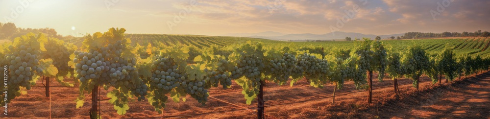 Vineyards at sunset, bunches of ripe grapes, a banner. - obrazy, fototapety, plakaty 