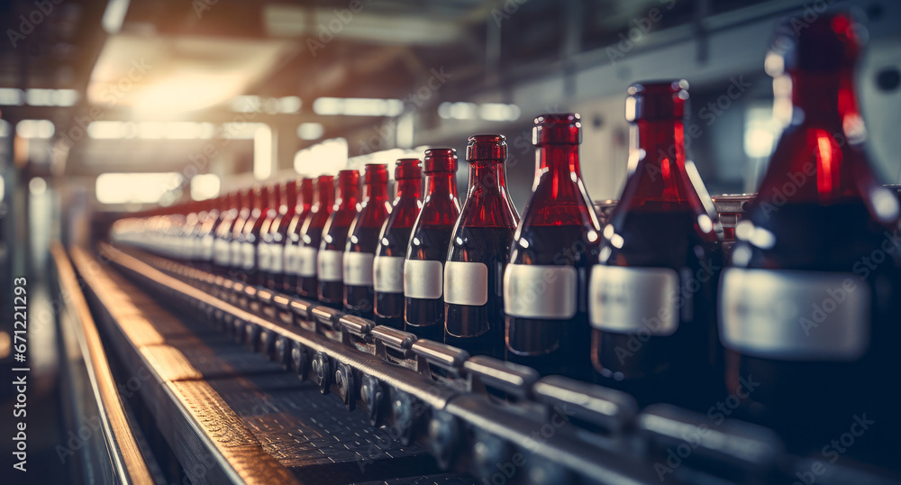 Bottles of red wine on the conveyor at the winery. Wine production. to wineries. Bodega.
