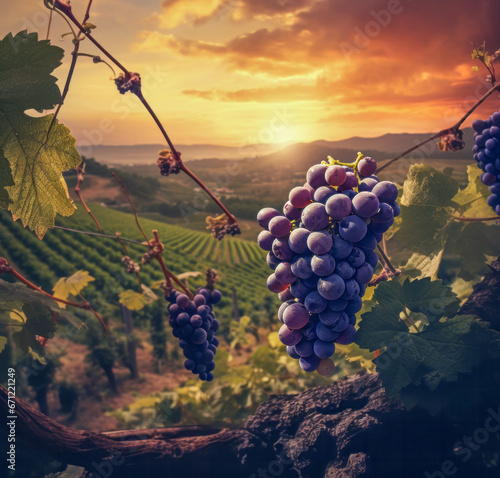  Bunches of ripe grapes in the sunshine in the countryside at sunset