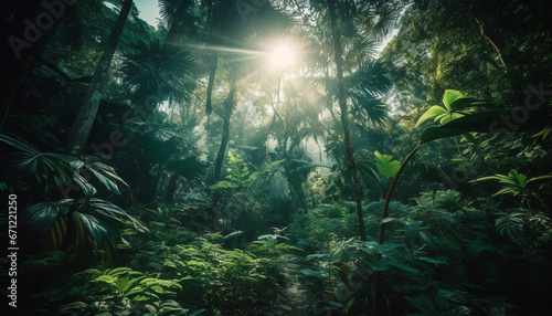 A tropical rainforest landscape with green trees and sunlight generated by AI © Jeronimo Ramos