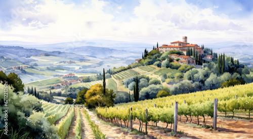 Beautiful and amazing colours of a green spring panorama of a vineyard The charm of a summer day in a vineyard, overlooking houses with tiled roofs. Watercolour illustration