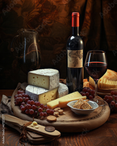 Red wine and cheese and grapes; romantic.