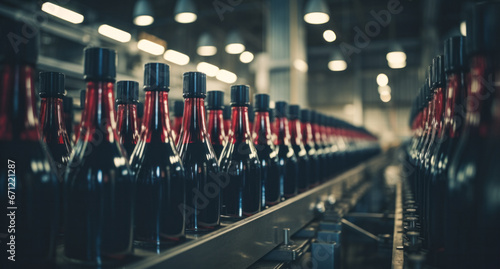 Bottles of red wine on the conveyor at the winery. Wine production. to wineries. Bodega. 