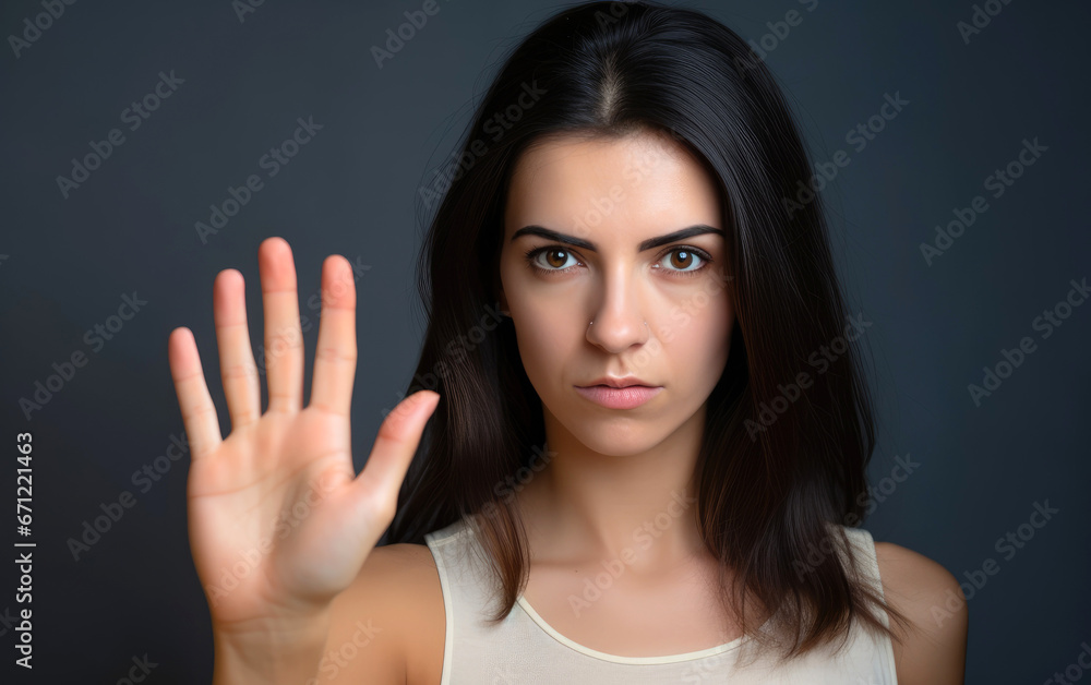 A beautiful serious woman saying stop, showing her palm to the camera A beautiful serious woman saying stop, showing her palm to the camera