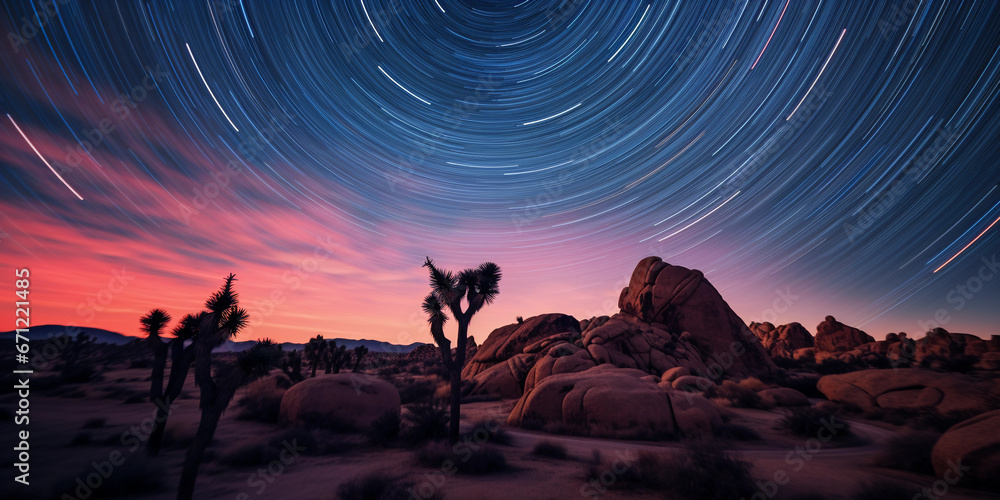 Naklejka premium Joshua Tree National Park, star trails circling over iconic rock formations and yuccas, long exposure, dreamy aura