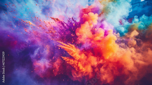 Indian Holi Festival, vibrant powder colors mid-air explosion ,ecstatic faces, ultra slow motion capture