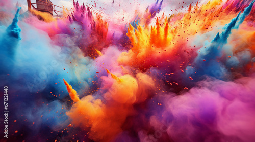 Indian Holi Festival  vibrant powder colors mid-air explosion  ecstatic faces  ultra slow motion capture