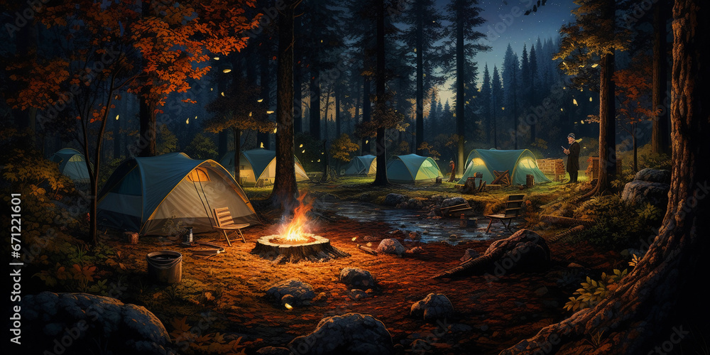 Obraz premium Pointillist scenery of a forest campsite, detailed with visible dots, vibrant natural colors, soft evening glow from the campfire illuminating tents