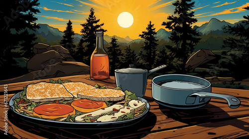 Pop art rendition of an outdoor camping breakfast, vibrant colors, comic book style, focus on a skillet over a campfire, dramatic sun rays