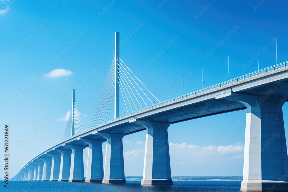 A bridge from a low angle with a blue sky in the background. 