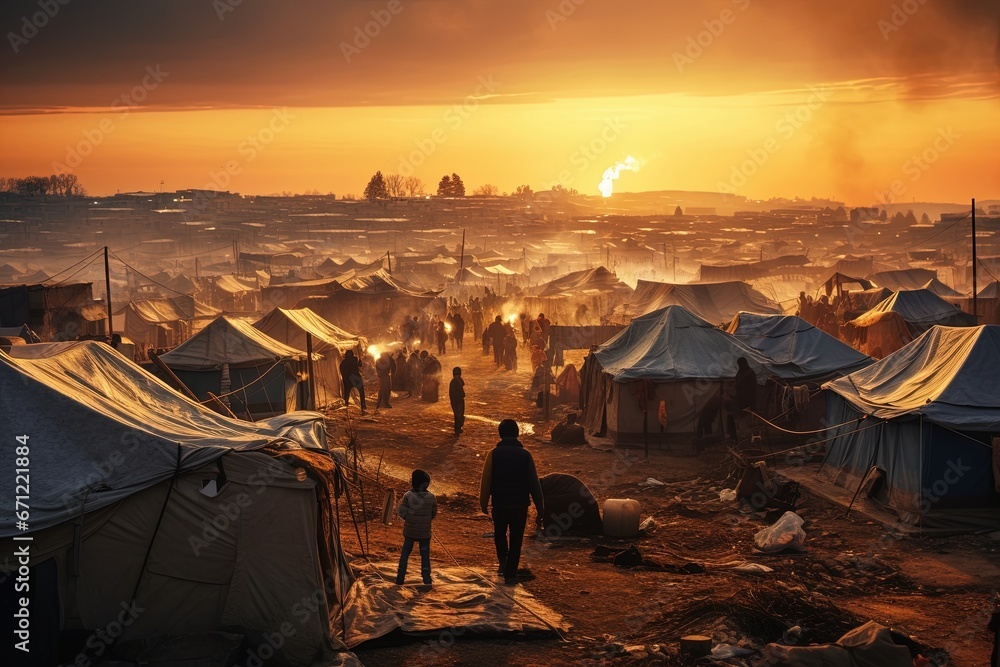 A crowded refugee camp at sunset.