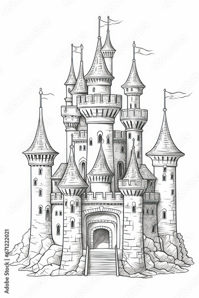 Coloring pencil drawing of a Castle. Generative AI.