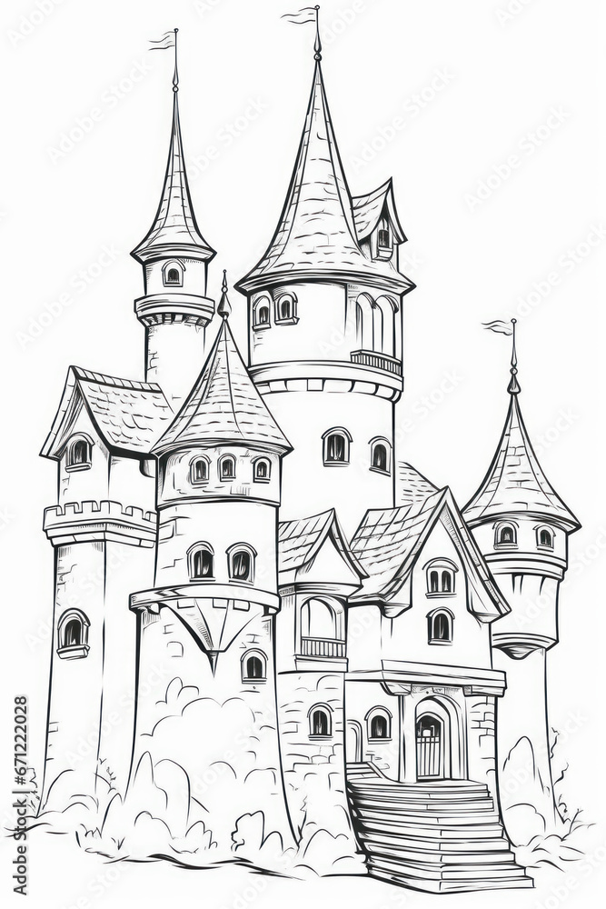 Obraz premium Coloring pencil drawing of a Castle. Generative AI.