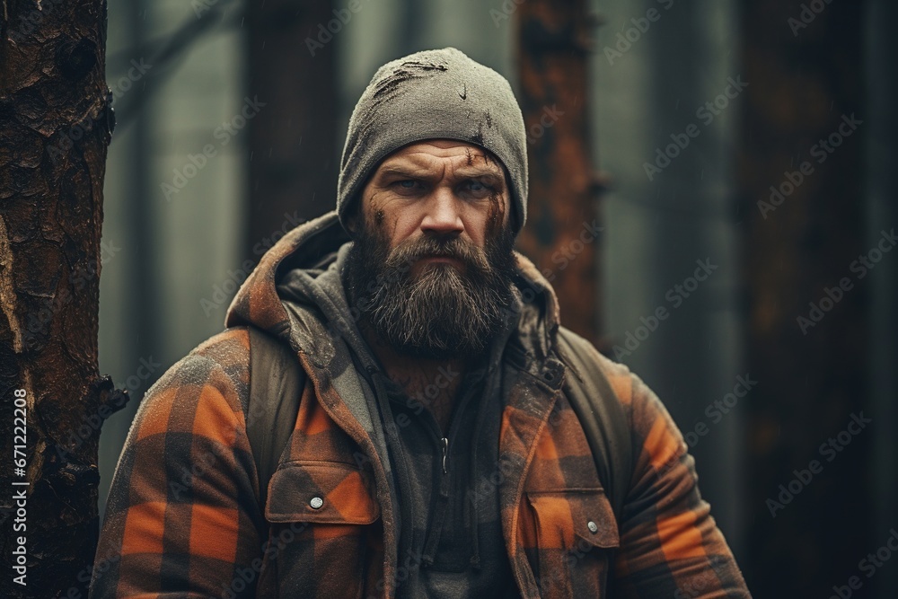 Adult lumberjack in the forest.