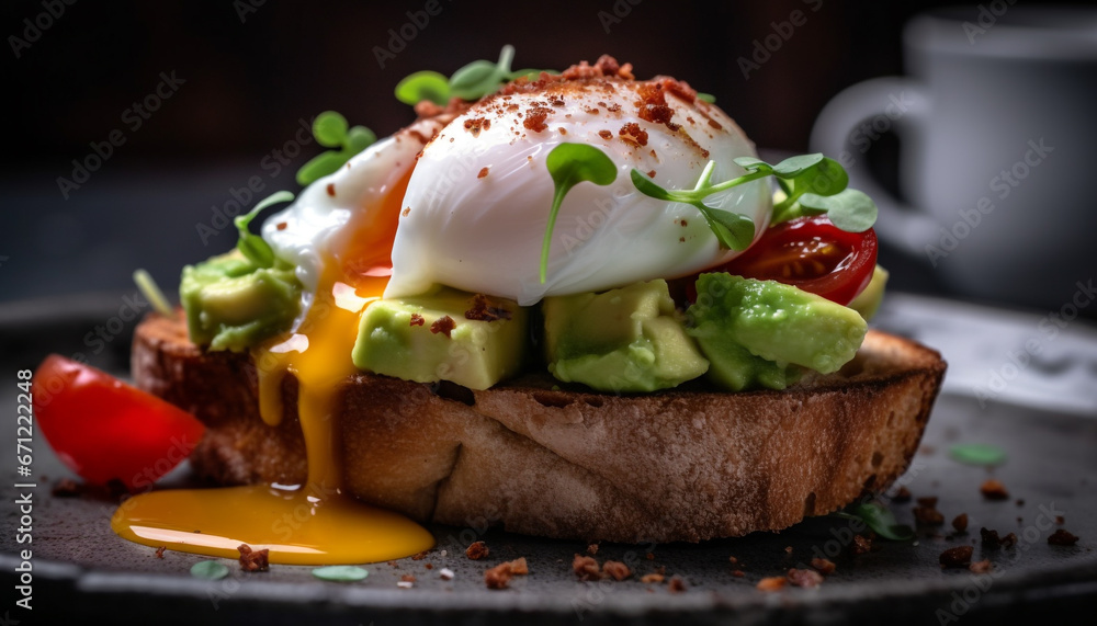 Grilled meat and vegetable sandwich on toasted bread, a meal generated by AI