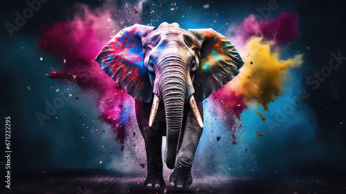 elephant in colorful powder paint explosion, dynamic
 photo