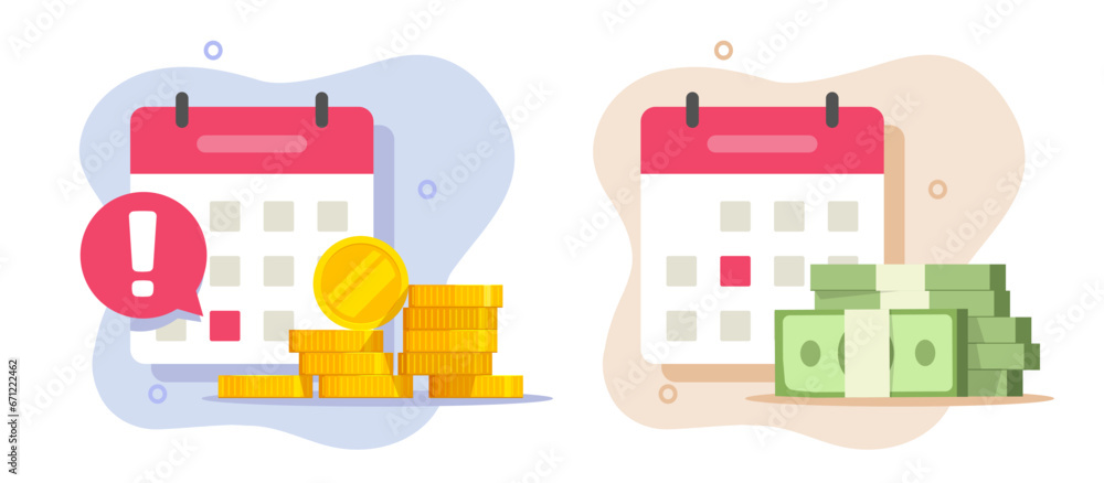 Payment bill due date calendar deadline reminder icon graphic vector illustration set flat, salary pay day, loan credit debt time scheduled, recurring money notice, monthly urgent important notice
