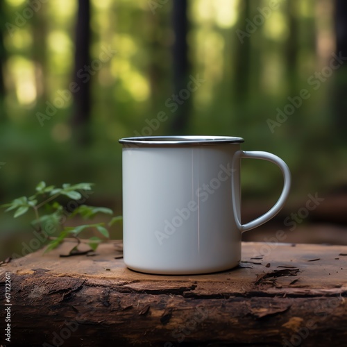 a white mug on a tree stump