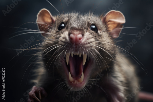 Aggressive rat on dark background. Rodents are carriers of diseases. Dangerous mouse with snarling mouth photo