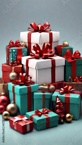 Various colorful Christmas gift boxes, decorations, Merry Christmas red ribbon. Generative ai photo