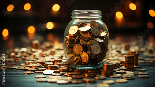  Conceptual image of savings and personal finances. Jar full of coins. Saving money. Financial security, planning, economy, forecasting. Personal treasure, resources. Save money for the future.