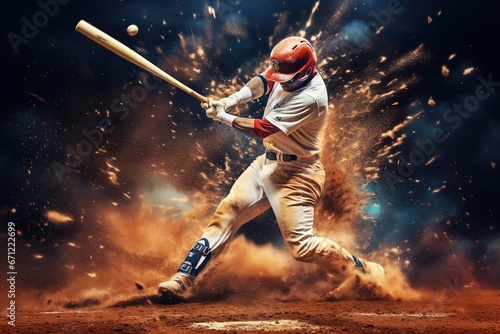 Baseball player hitting a ball.