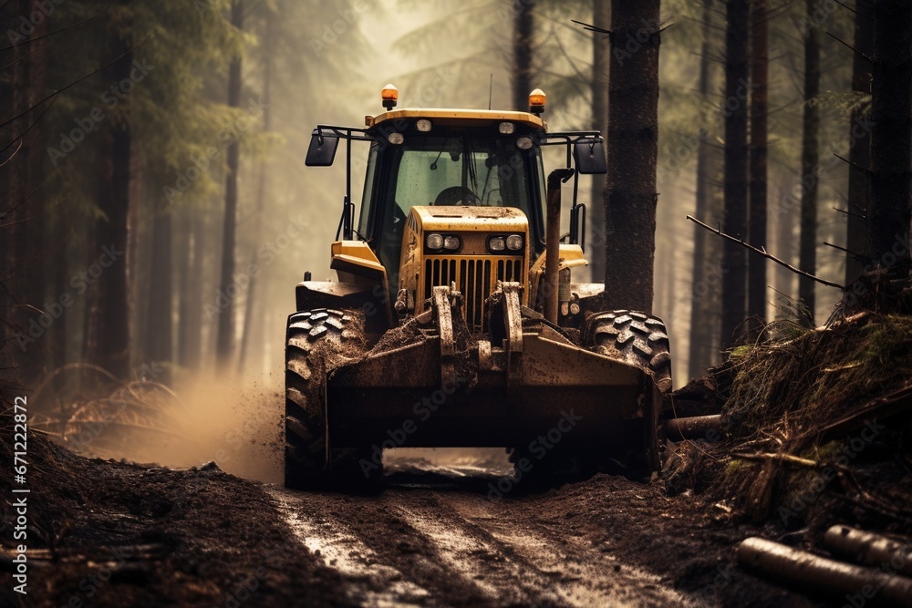 Cable skidder pulling logs in forest. Cable skidder pulling logs in forest.