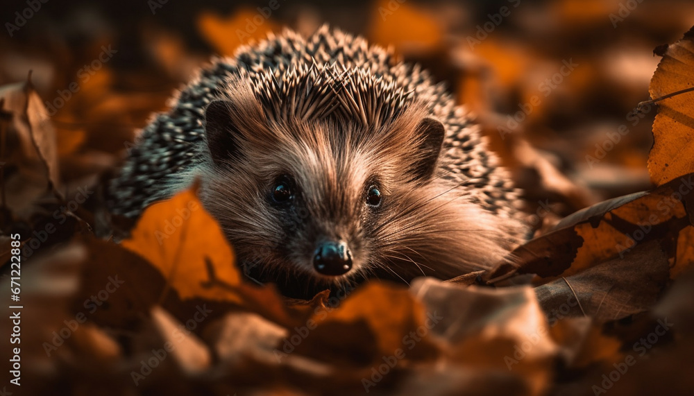 Cute hedgehog sniffs autumn leaf in close up portrait generated by AI Cute hedgehog sniffs autumn leaf in close up portrait generated by AI