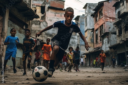 Brazilian boys playing soccer in a favela. © Bargais