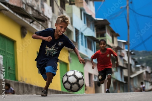 Brazilian boys playing soccer in a favela. © Bargais