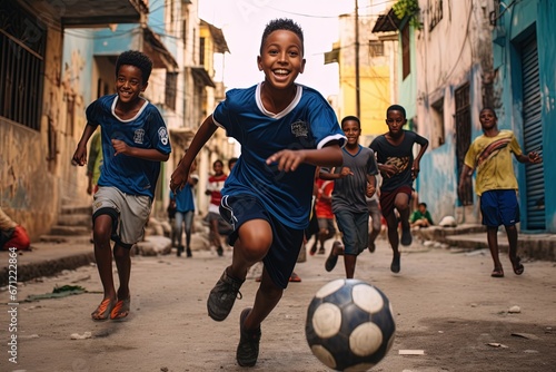 Brazilian boys playing soccer in a favela. photo