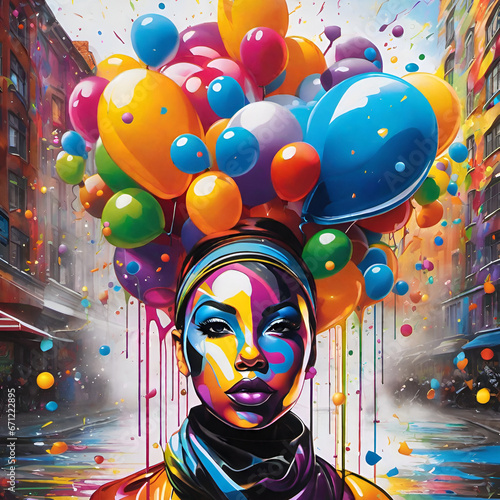 African American woman graffiti style splash art with ballons sprouting from head representing a time of artistic celebration for the New Year