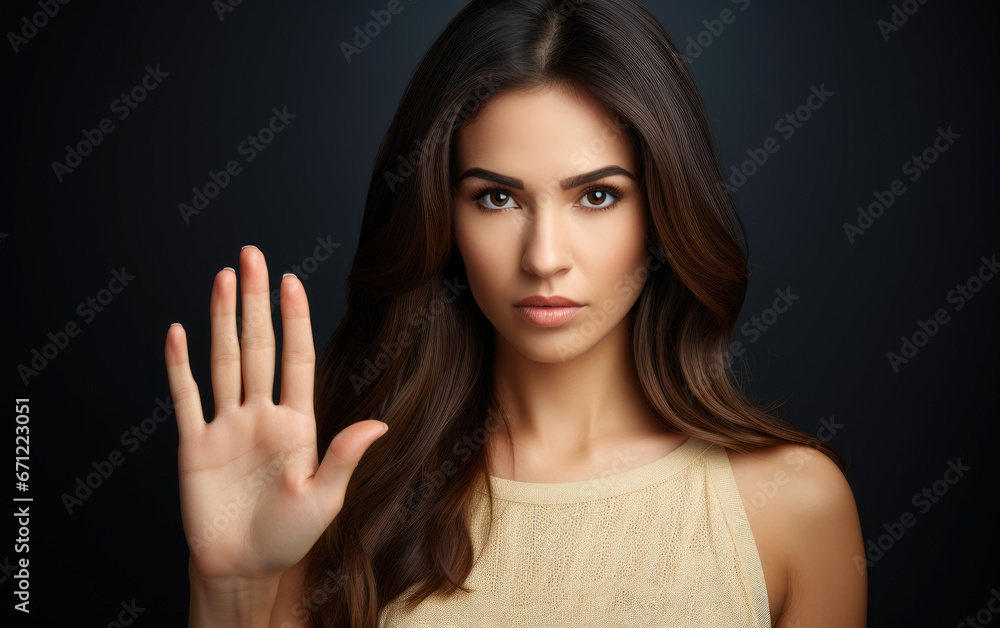 A beautiful serious woman saying stop, showing her palm to the camera A beautiful serious woman saying stop, showing her palm to the camera
