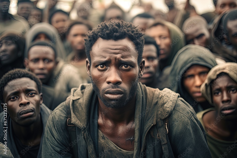 Crowd of poor african refugees.